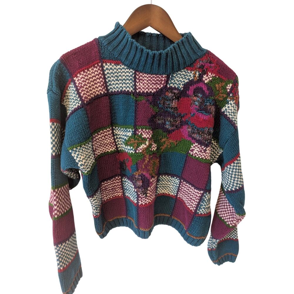 Vintage 80s Casual Corner Floral Colorblock Chunky Retro Sweater Sz M